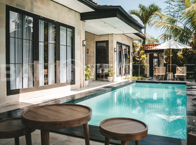 Front view of a modern 4-bedroom villa with a private pool in Ubud, Bali.