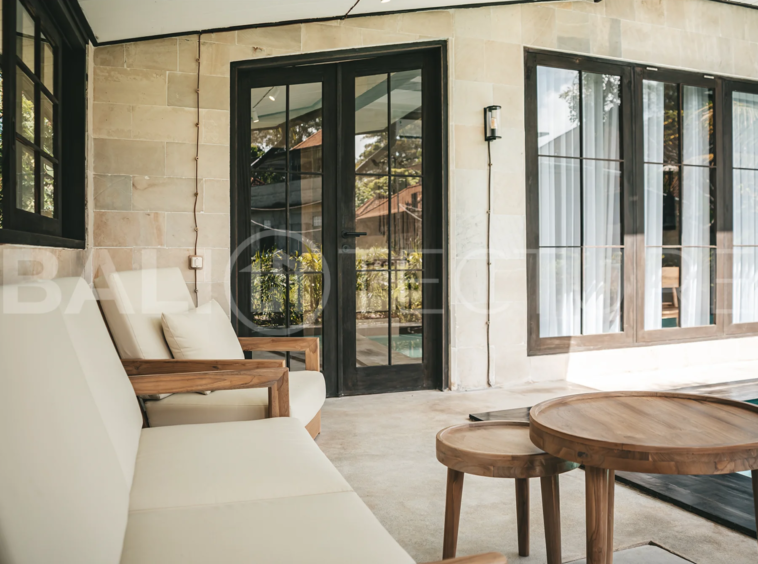 Front view of a modern 4-bedroom villa with a private pool in Ubud, Bali.