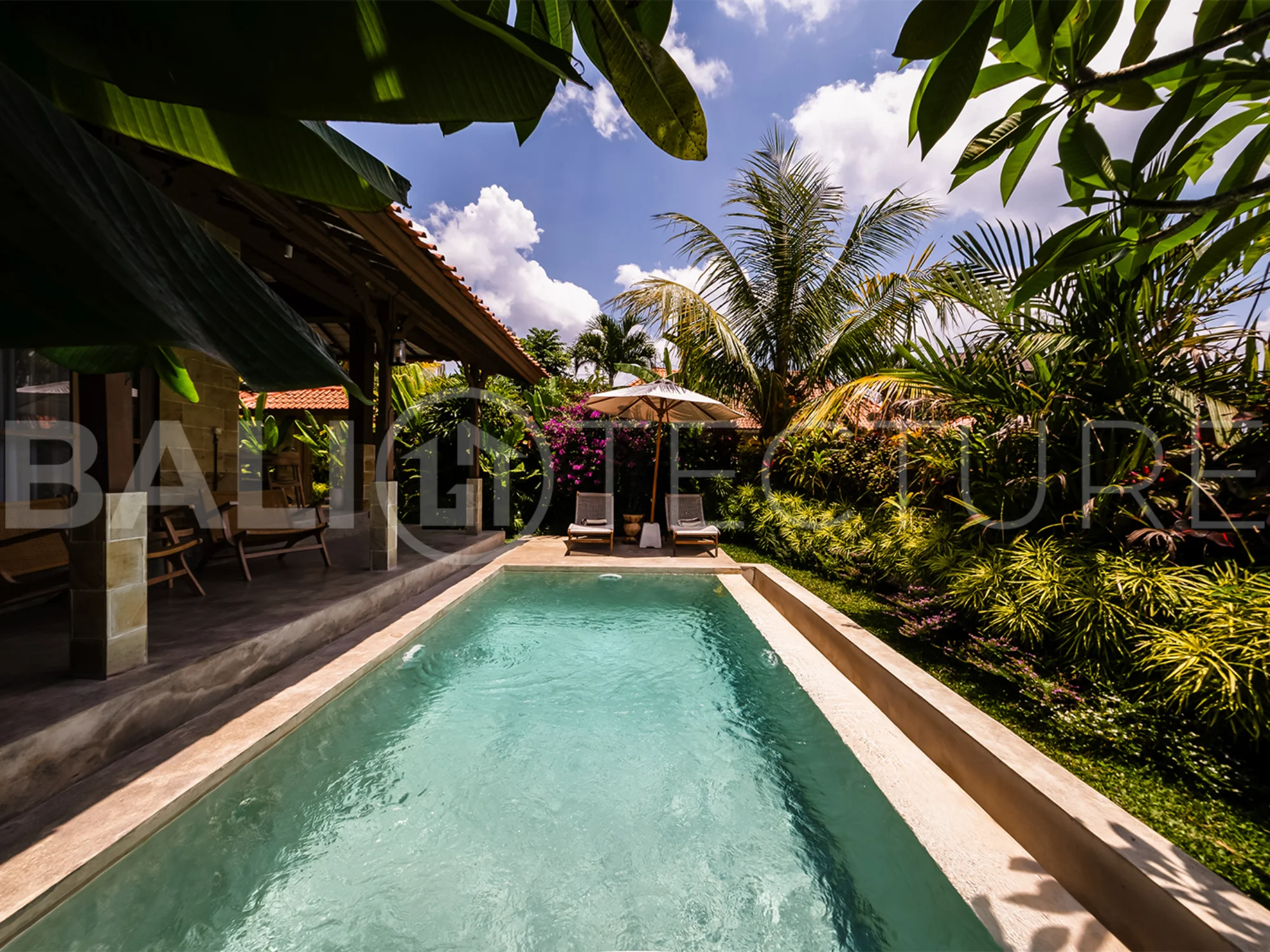 A modern 1-bedroom villa in Ubud, featuring a private pool surrounded by lush greenery and sleek contemporary design.