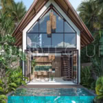 Modern one-bedroom villa with Balinese charm, featuring a private pool, lush tropical garden, and floor-to-ceiling glass panels in Kerobokan, Bali