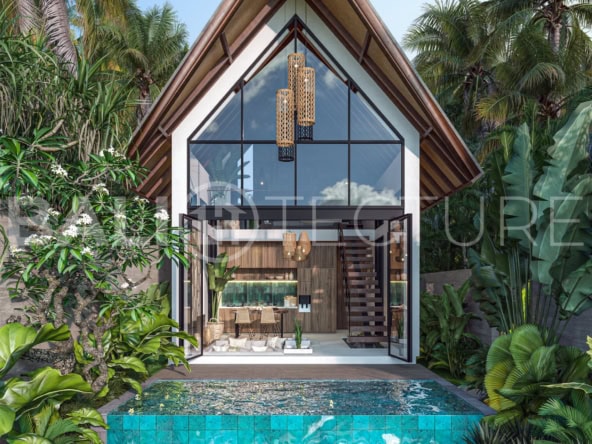 Modern one-bedroom villa with Balinese charm, featuring a private pool, lush tropical garden, and floor-to-ceiling glass panels in Kerobokan, Bali