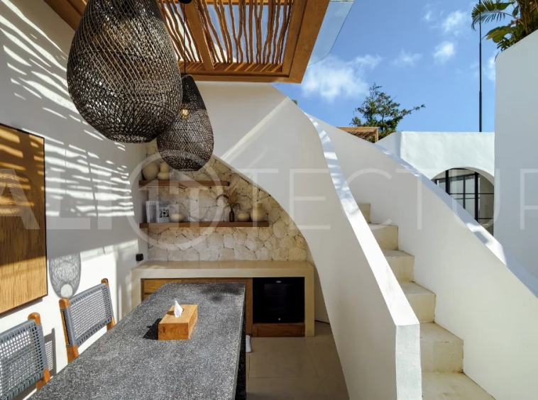 Modern tropical luxury villa at Solas Villas in Bingin, Bali, featuring contemporary architecture, stylish interiors, a private infinity pool, and a rooftop terrace with panoramic ocean views. Surrounded by lush tropical scenery, the villa offers a sophisticated coastal lifestyle with high-quality finishes and functional living spaces. Scheduled for completion in late 2025, this exclusive property is located in one of Bali's most desirable destinations and is eligible for buyer financing.