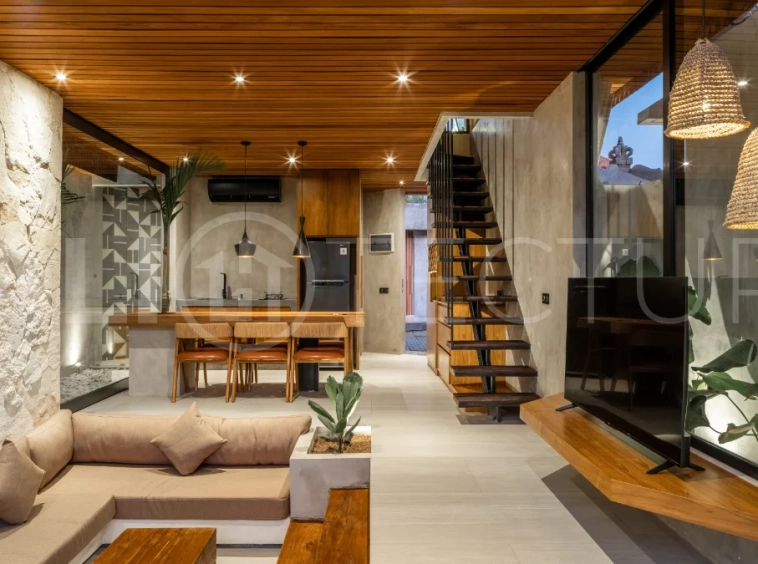 Off-plan 2-bedroom villa for sale near Bingin Beach, featuring traditional Balinese and contemporary architecture, a private 10 m² swimming pool, lush tropical surroundings, and fully furnished interiors.
