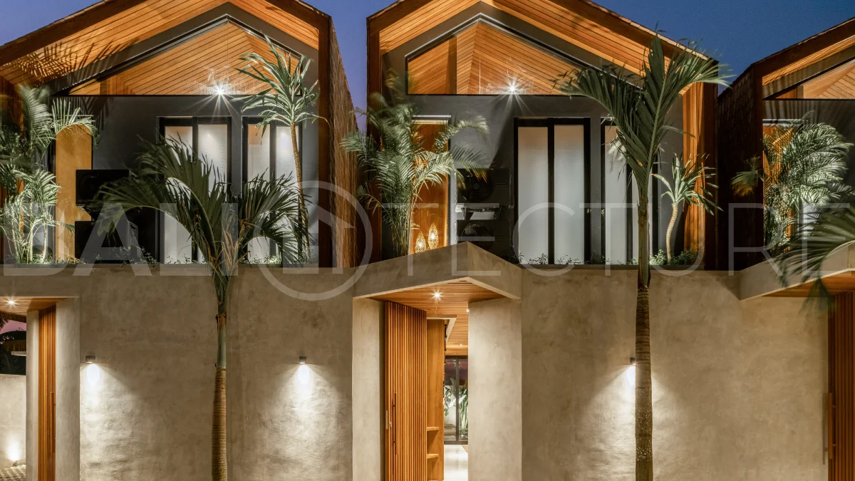 Off-plan 2-bedroom villa for sale near Bingin Beach, featuring traditional Balinese and contemporary architecture, a private 10 m² swimming pool, lush tropical surroundings, and fully furnished interiors.