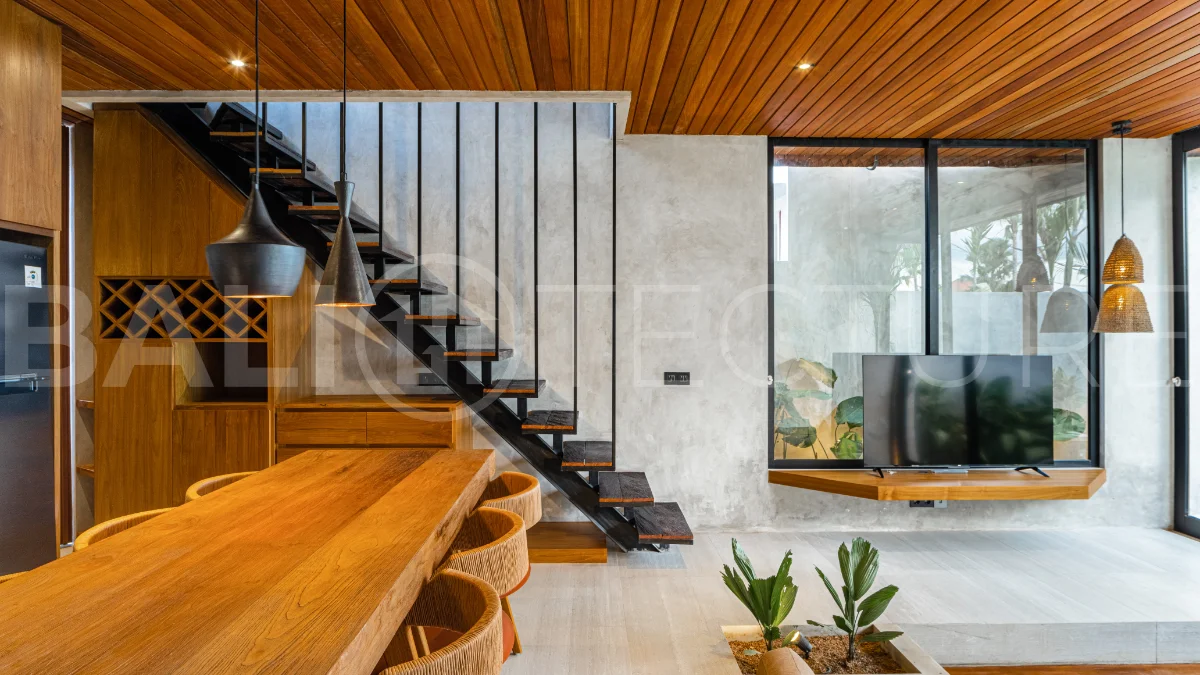 Off-plan 2-bedroom villa for sale near Bingin Beach, featuring traditional Balinese and contemporary architecture, a private 10 m² swimming pool, lush tropical surroundings, and fully furnished interiors.
