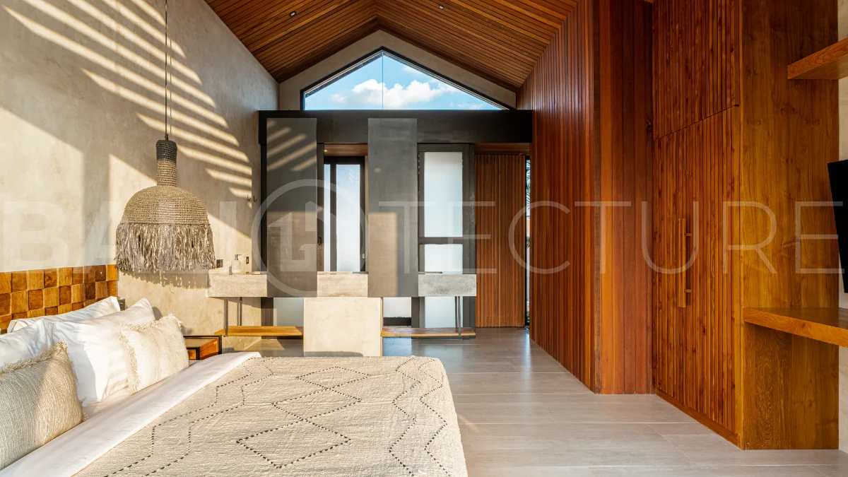 Off-plan 2-bedroom villa for sale near Bingin Beach, featuring traditional Balinese and contemporary architecture, a private 10 m² swimming pool, lush tropical surroundings, and fully furnished interiors.