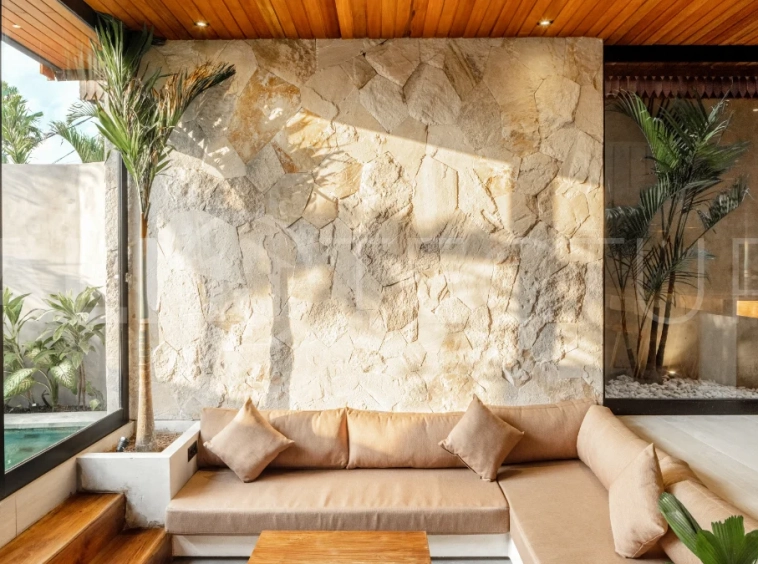 Off-plan 2-bedroom villa for sale near Bingin Beach, featuring traditional Balinese and contemporary architecture, a private 10 m² swimming pool, lush tropical surroundings, and fully furnished interiors.