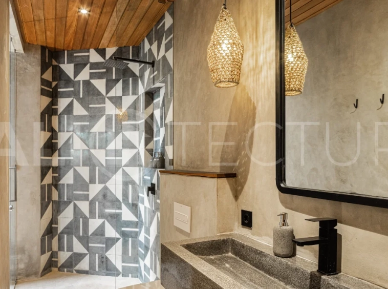Off-plan 2-bedroom villa for sale near Bingin Beach, featuring traditional Balinese and contemporary architecture, a private 10 m² swimming pool, lush tropical surroundings, and fully furnished interiors.
