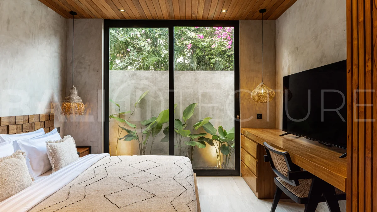 Off-plan 2-bedroom villa for sale near Bingin Beach, featuring traditional Balinese and contemporary architecture, a private 10 m² swimming pool, lush tropical surroundings, and fully furnished interiors.