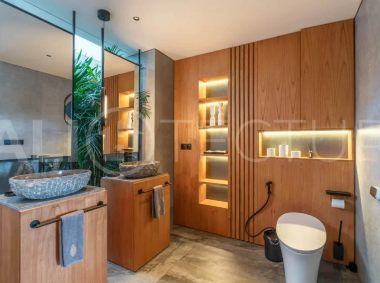 Luxury four bedroom leasehold villa in Canggu, Bali, featuring a private garden, 45sqm swimming pool, spacious living area, modern kitchen, outdoor terrace, jacuzzi, and premium entertainment amenities.