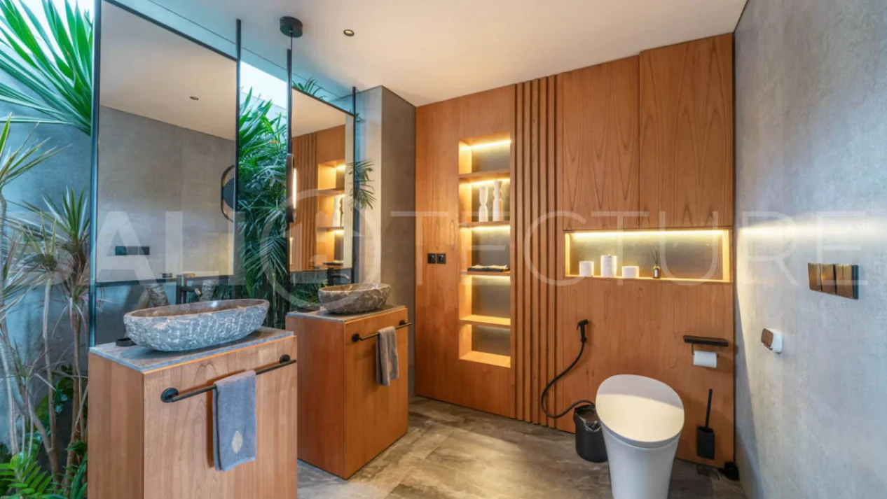Luxury four bedroom leasehold villa in Canggu, Bali, featuring a private garden, 45sqm swimming pool, spacious living area, modern kitchen, outdoor terrace, jacuzzi, and premium entertainment amenities.
