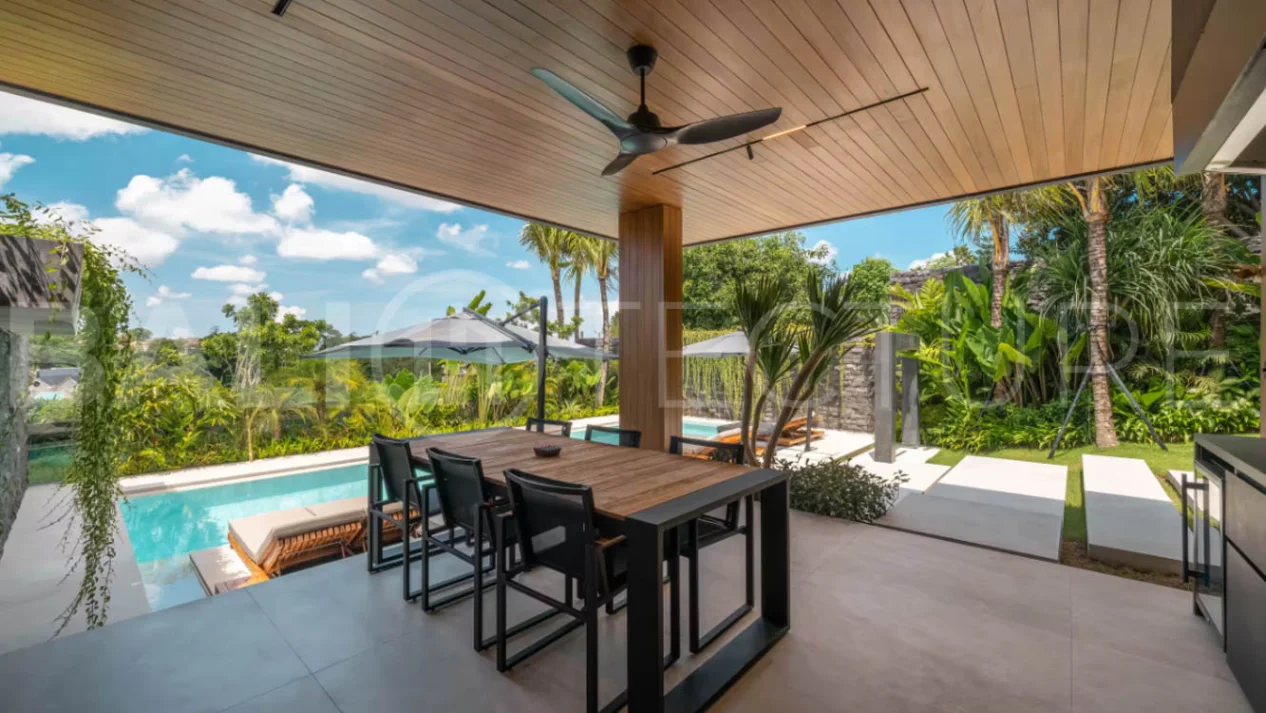 Luxury four bedroom leasehold villa in Canggu, Bali, featuring a private garden, 45sqm swimming pool, spacious living area, modern kitchen, outdoor terrace, jacuzzi, and premium entertainment amenities.