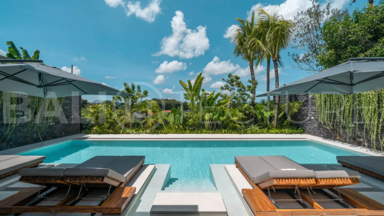 Luxury four bedroom leasehold villa in Canggu, Bali, featuring a private garden, 45sqm swimming pool, spacious living area, modern kitchen, outdoor terrace, jacuzzi, and premium entertainment amenities.