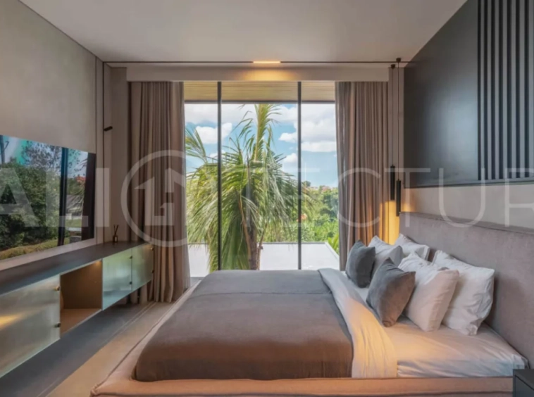 Luxury four bedroom leasehold villa in Canggu, Bali, featuring a private garden, 45sqm swimming pool, spacious living area, modern kitchen, outdoor terrace, jacuzzi, and premium entertainment amenities.