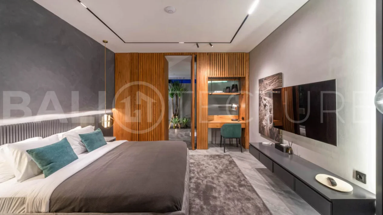 Luxury four bedroom leasehold villa in Canggu, Bali, featuring a private garden, 45sqm swimming pool, spacious living area, modern kitchen, outdoor terrace, jacuzzi, and premium entertainment amenities.