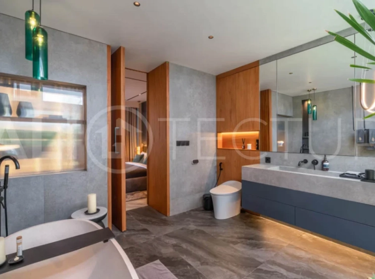 Luxury four bedroom leasehold villa in Canggu, Bali, featuring a private garden, 45sqm swimming pool, spacious living area, modern kitchen, outdoor terrace, jacuzzi, and premium entertainment amenities.