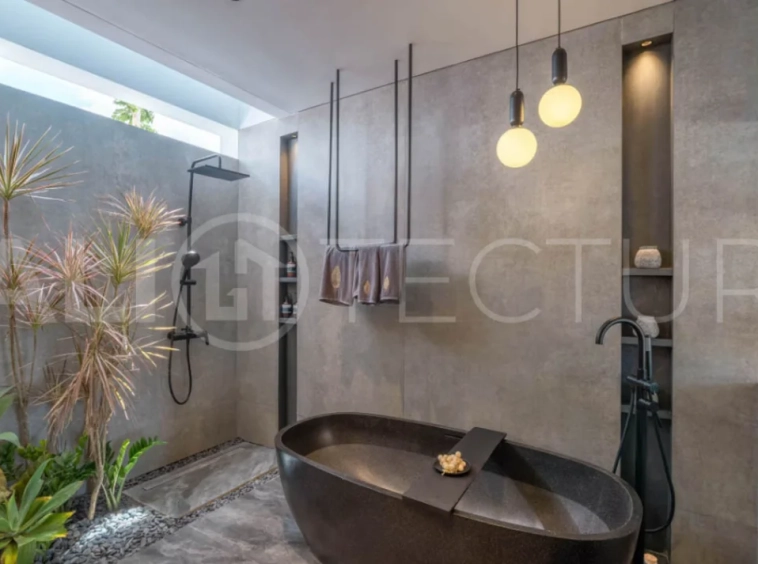Luxury four bedroom leasehold villa in Canggu, Bali, featuring a private garden, 45sqm swimming pool, spacious living area, modern kitchen, outdoor terrace, jacuzzi, and premium entertainment amenities.