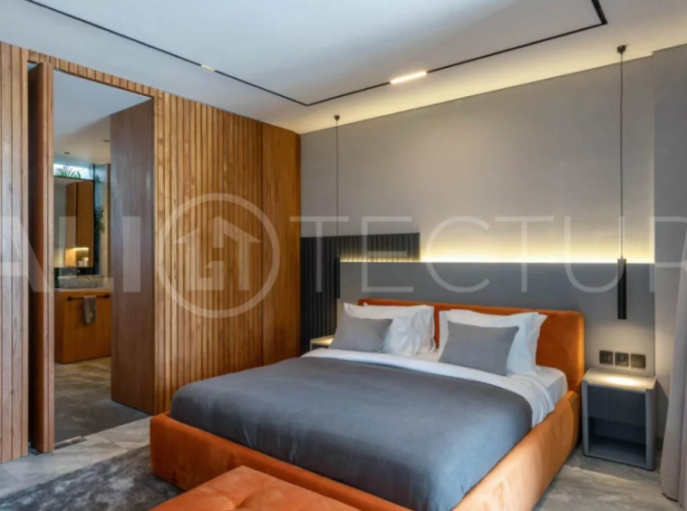 Luxury four bedroom leasehold villa in Canggu, Bali, featuring a private garden, 45sqm swimming pool, spacious living area, modern kitchen, outdoor terrace, jacuzzi, and premium entertainment amenities.