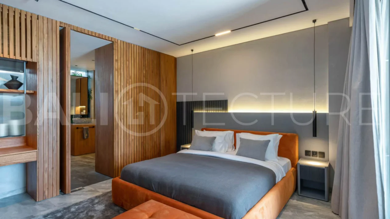 Luxury four bedroom leasehold villa in Canggu, Bali, featuring a private garden, 45sqm swimming pool, spacious living area, modern kitchen, outdoor terrace, jacuzzi, and premium entertainment amenities.