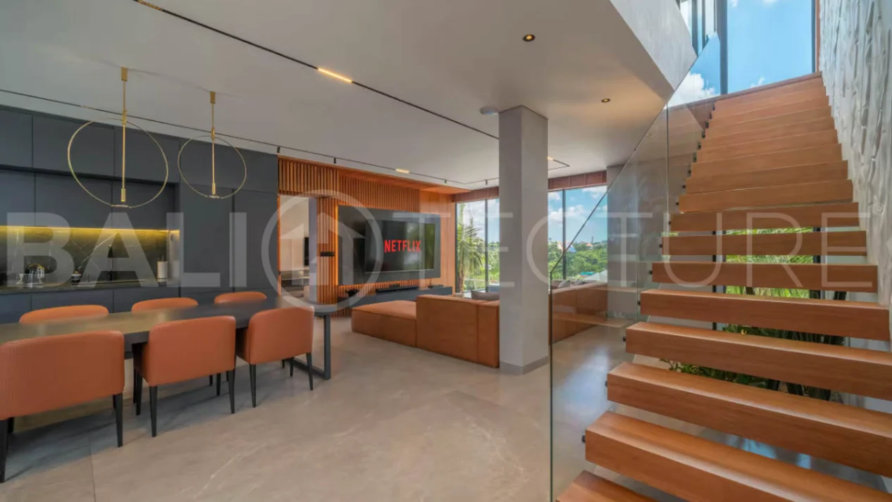 Luxury four bedroom leasehold villa in Canggu, Bali, featuring a private garden, 45sqm swimming pool, spacious living area, modern kitchen, outdoor terrace, jacuzzi, and premium entertainment amenities.