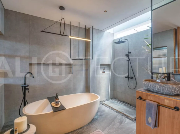 Luxury four bedroom leasehold villa in Canggu, Bali, featuring a private garden, 45sqm swimming pool, spacious living area, modern kitchen, outdoor terrace, jacuzzi, and premium entertainment amenities.