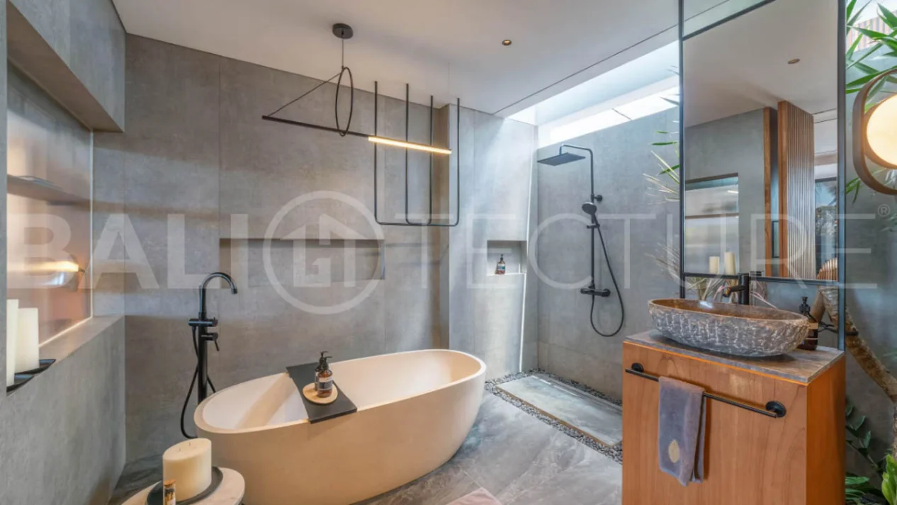 Luxury four bedroom leasehold villa in Canggu, Bali, featuring a private garden, 45sqm swimming pool, spacious living area, modern kitchen, outdoor terrace, jacuzzi, and premium entertainment amenities.