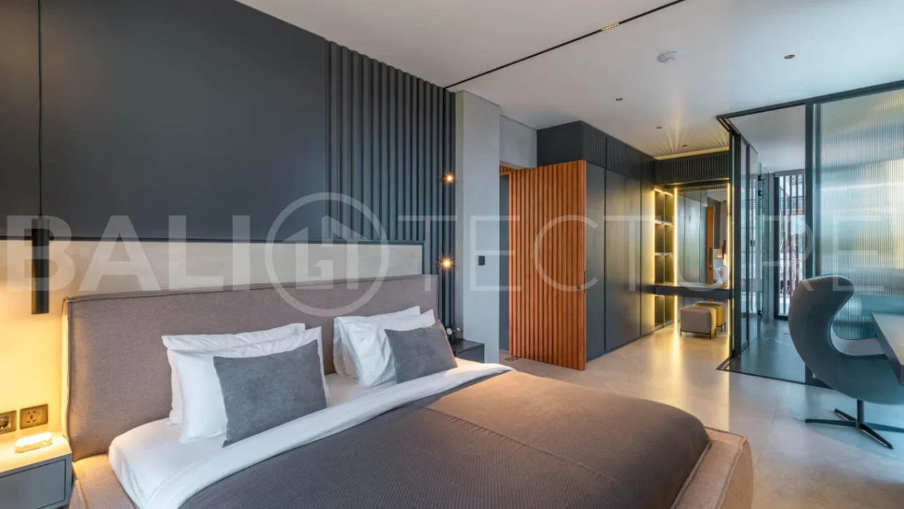 Luxury four bedroom leasehold villa in Canggu, Bali, featuring a private garden, 45sqm swimming pool, spacious living area, modern kitchen, outdoor terrace, jacuzzi, and premium entertainment amenities.