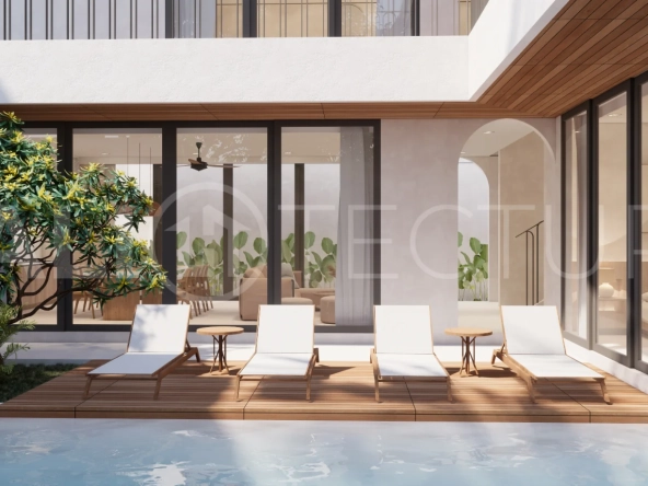 Modern 3-bedroom villa for sale in Jimbaran, Bali, featuring 251 sqm of built space, three en-suite bedrooms, open-plan living, uninterrupted GWK views, premium community facilities, and a 100-year leasehold option.