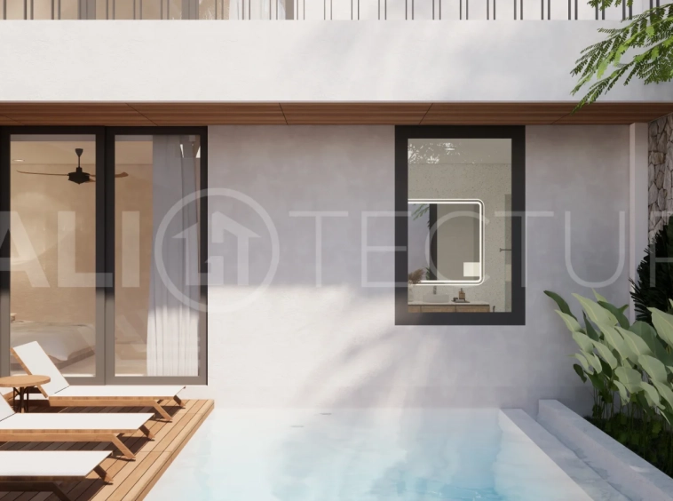 Modern 3-bedroom villa for sale in Jimbaran, Bali, featuring 251 sqm of built space, three en-suite bedrooms, open-plan living, uninterrupted GWK views, premium community facilities, and a 100-year leasehold option.