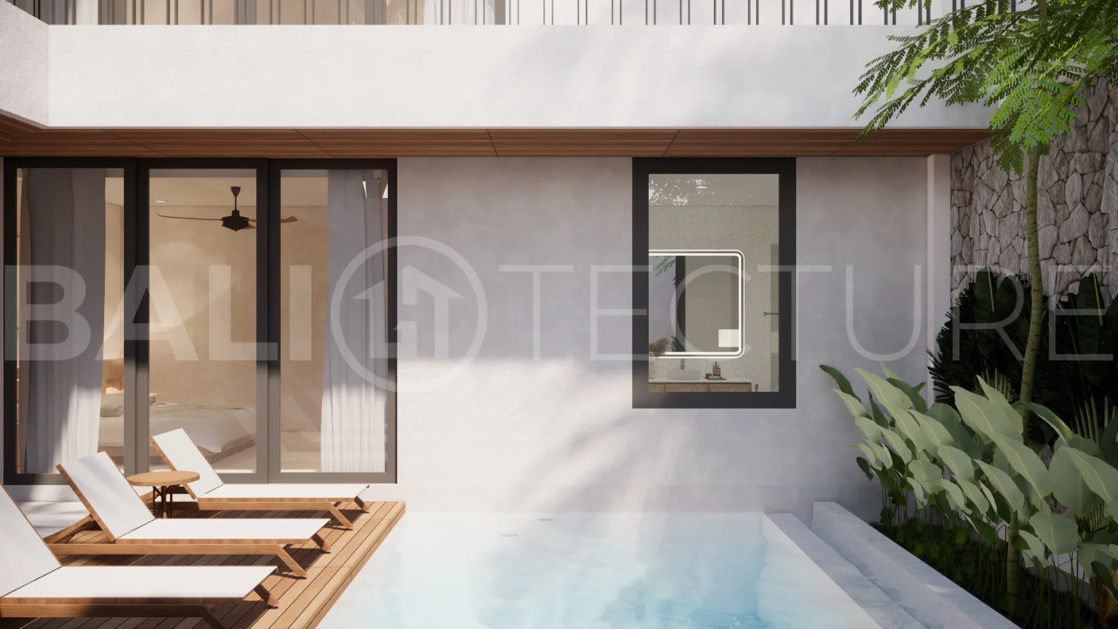 Modern 3-bedroom villa for sale in Jimbaran, Bali, featuring 251 sqm of built space, three en-suite bedrooms, open-plan living, uninterrupted GWK views, premium community facilities, and a 100-year leasehold option.