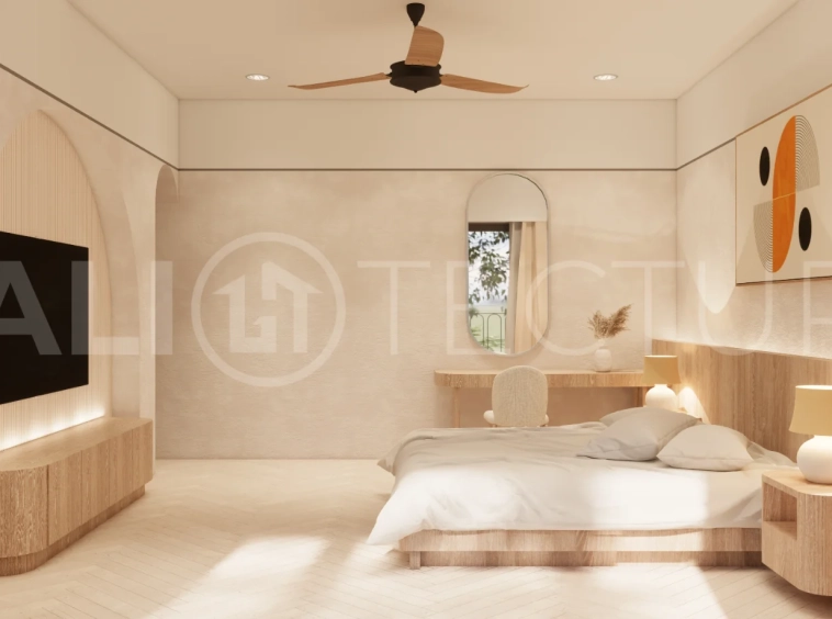 Modern 3-bedroom villa for sale in Jimbaran, Bali, featuring 251 sqm of built space, three en-suite bedrooms, open-plan living, uninterrupted GWK views, premium community facilities, and a 100-year leasehold option.