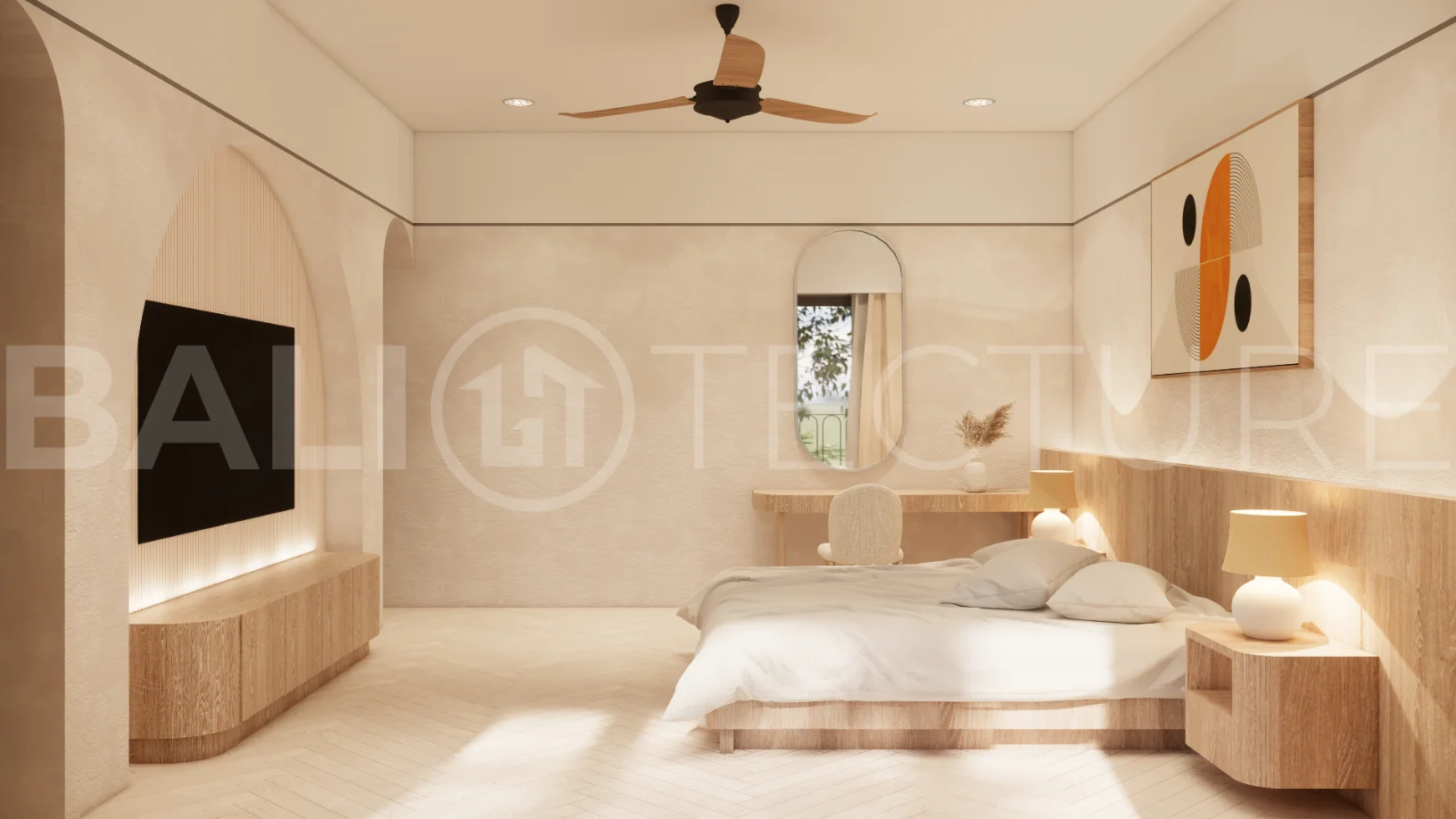 Modern 3-bedroom villa for sale in Jimbaran, Bali, featuring 251 sqm of built space, three en-suite bedrooms, open-plan living, uninterrupted GWK views, premium community facilities, and a 100-year leasehold option.