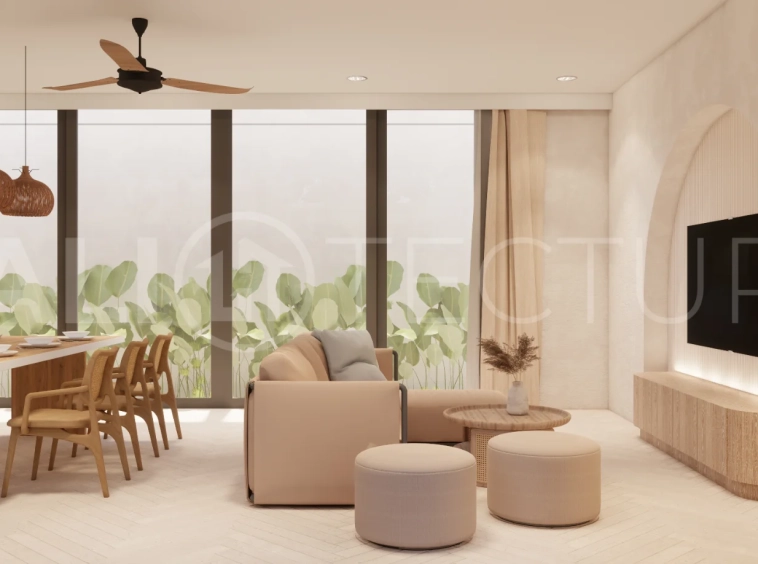 Modern 3-bedroom villa for sale in Jimbaran, Bali, featuring 251 sqm of built space, three en-suite bedrooms, open-plan living, uninterrupted GWK views, premium community facilities, and a 100-year leasehold option.
