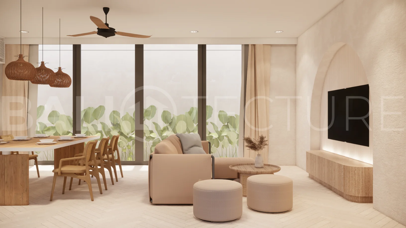 Modern 3-bedroom villa for sale in Jimbaran, Bali, featuring 251 sqm of built space, three en-suite bedrooms, open-plan living, uninterrupted GWK views, premium community facilities, and a 100-year leasehold option.