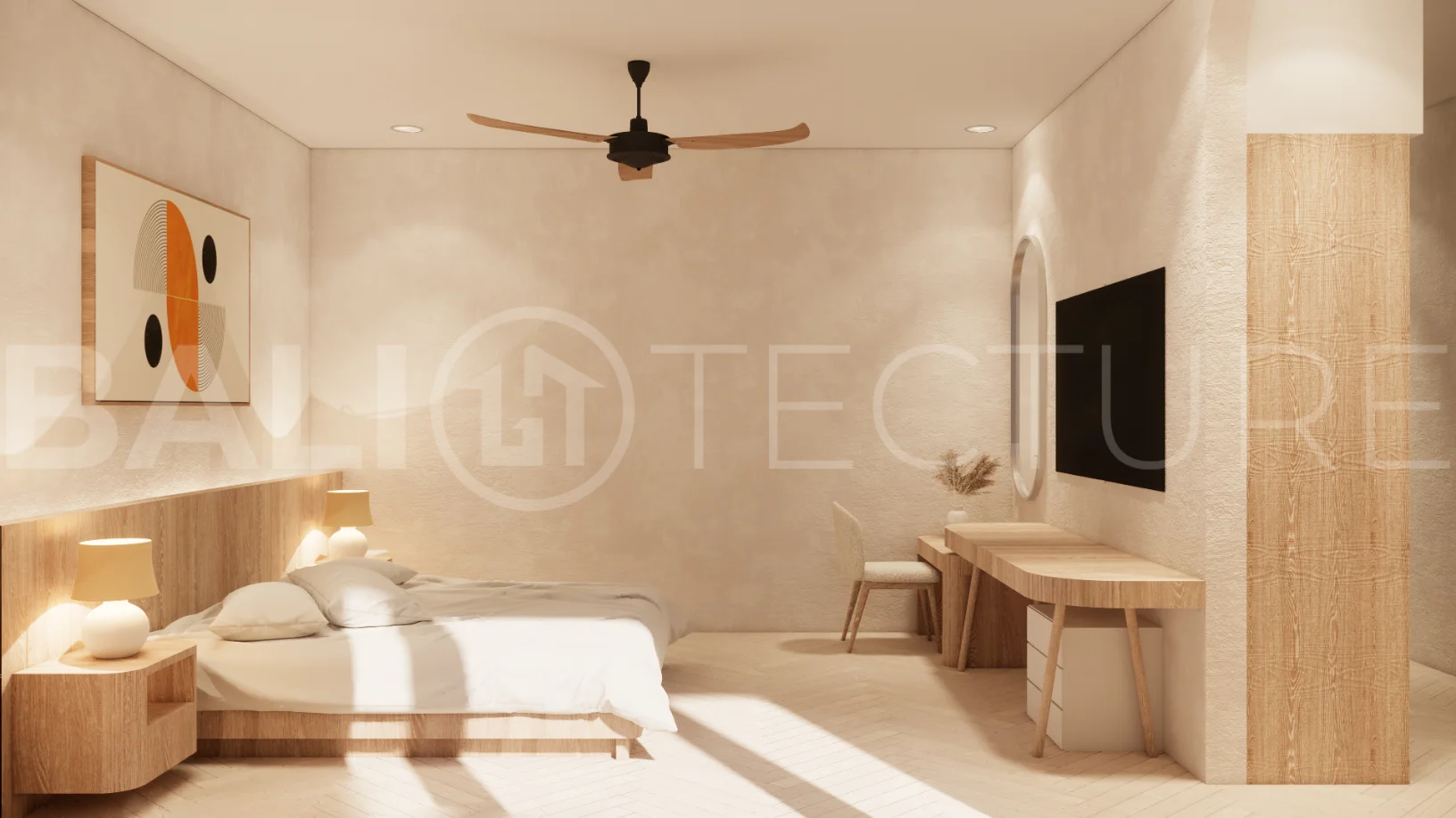 Modern 3-bedroom villa for sale in Jimbaran, Bali, featuring 251 sqm of built space, three en-suite bedrooms, open-plan living, uninterrupted GWK views, premium community facilities, and a 100-year leasehold option.