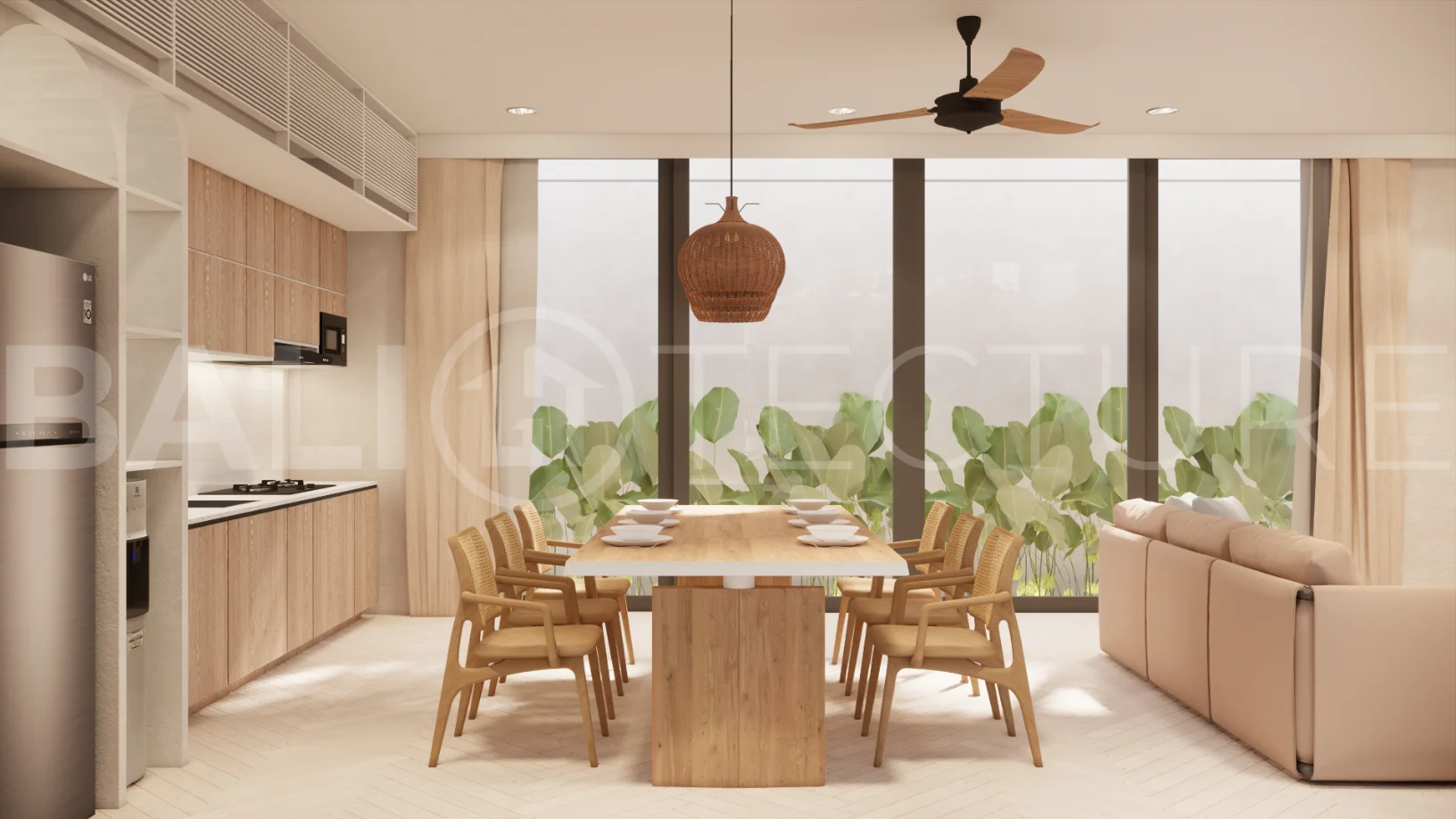 Modern 3-bedroom villa for sale in Jimbaran, Bali, featuring 251 sqm of built space, three en-suite bedrooms, open-plan living, uninterrupted GWK views, premium community facilities, and a 100-year leasehold option.