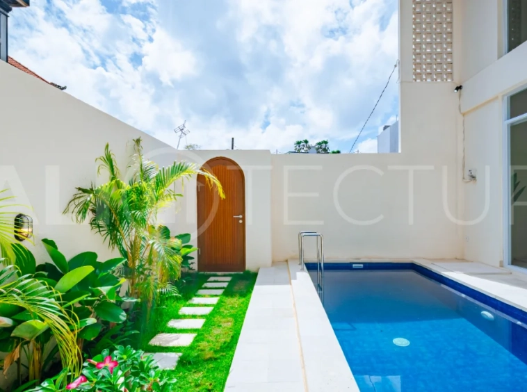 Brand new one bedroom villa for sale in Pecatu, Uluwatu, featuring modern two storey design, private swimming pool, fully furnished interiors, 90 sqm land, and a rare 50 year leasehold.