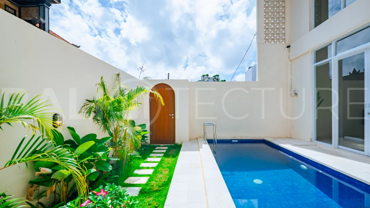Brand new one bedroom villa for sale in Pecatu, Uluwatu, featuring modern two storey design, private swimming pool, fully furnished interiors, 90 sqm land, and a rare 50 year leasehold.