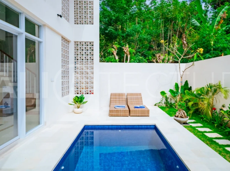 Brand new one bedroom villa for sale in Pecatu, Uluwatu, featuring modern two storey design, private swimming pool, fully furnished interiors, 90 sqm land, and a rare 50 year leasehold.