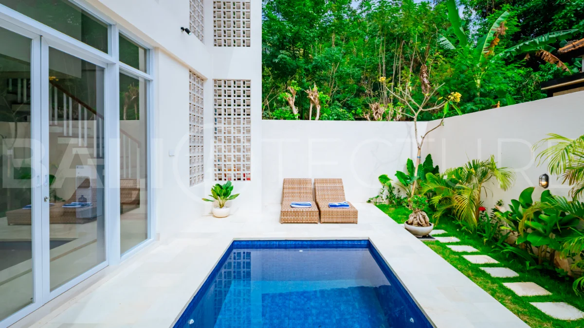 Brand new one bedroom villa for sale in Pecatu, Uluwatu, featuring modern two storey design, private swimming pool, fully furnished interiors, 90 sqm land, and a rare 50 year leasehold.