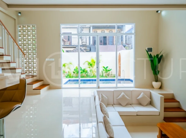 Brand new one bedroom villa for sale in Pecatu, Uluwatu, featuring modern two storey design, private swimming pool, fully furnished interiors, 90 sqm land, and a rare 50 year leasehold.
