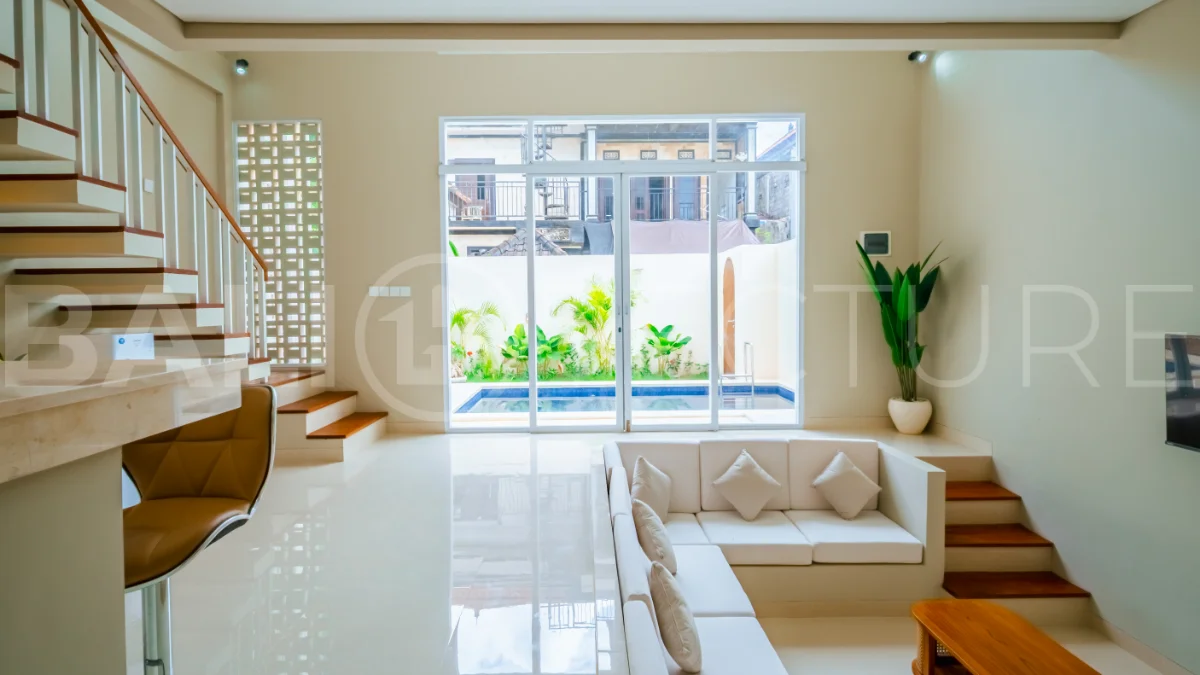 Brand new one bedroom villa for sale in Pecatu, Uluwatu, featuring modern two storey design, private swimming pool, fully furnished interiors, 90 sqm land, and a rare 50 year leasehold.