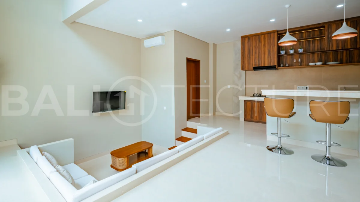 Brand new one bedroom villa for sale in Pecatu, Uluwatu, featuring modern two storey design, private swimming pool, fully furnished interiors, 90 sqm land, and a rare 50 year leasehold.