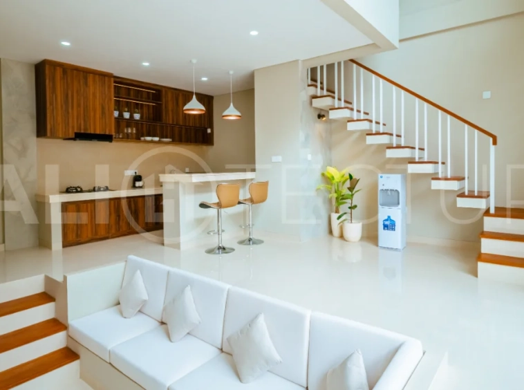 Brand new one bedroom villa for sale in Pecatu, Uluwatu, featuring modern two storey design, private swimming pool, fully furnished interiors, 90 sqm land, and a rare 50 year leasehold.