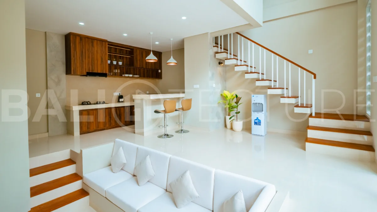 Brand new one bedroom villa for sale in Pecatu, Uluwatu, featuring modern two storey design, private swimming pool, fully furnished interiors, 90 sqm land, and a rare 50 year leasehold.