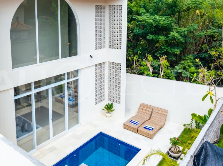 Brand new one bedroom villa for sale in Pecatu, Uluwatu, featuring modern two storey design, private swimming pool, fully furnished interiors, 90 sqm land, and a rare 50 year leasehold.