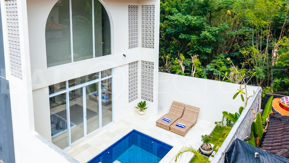 Brand new one bedroom villa for sale in Pecatu, Uluwatu, featuring modern two storey design, private swimming pool, fully furnished interiors, 90 sqm land, and a rare 50 year leasehold.