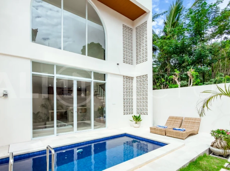 Brand new one bedroom villa for sale in Pecatu, Uluwatu, featuring modern two storey design, private swimming pool, fully furnished interiors, 90 sqm land, and a rare 50 year leasehold.