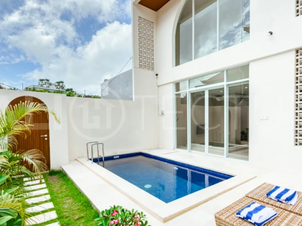Brand new one bedroom villa for sale in Pecatu, Uluwatu, featuring modern two storey design, private swimming pool, fully furnished interiors, 90 sqm land, and a rare 50 year leasehold.