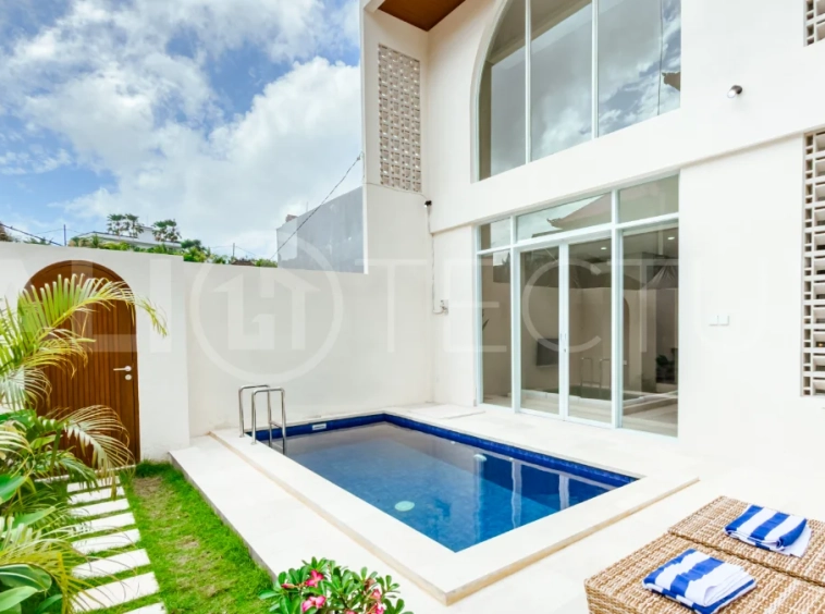 Brand new one bedroom villa for sale in Pecatu, Uluwatu, featuring modern two storey design, private swimming pool, fully furnished interiors, 90 sqm land, and a rare 50 year leasehold.
